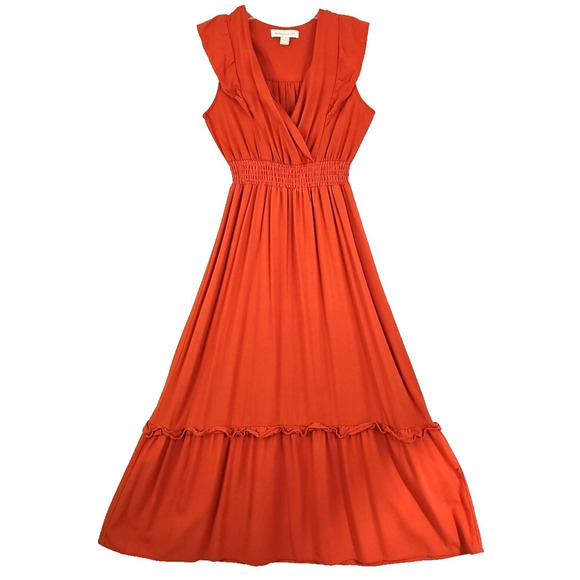 Monteau Los Angeles ~Woman Size M~ Orange Linen Blend V Neck Ruffle Maxi Dress. - Picture 7 of 15